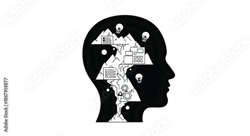 Abstract silhouette of a human head filled with intricate thought processes and creative ideas.