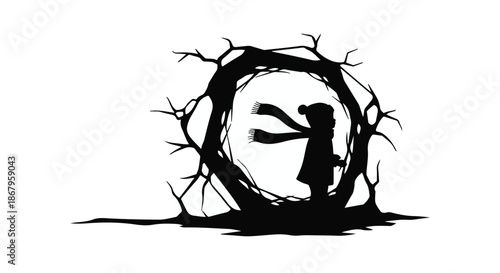 Child silhouetted within a circular frame of bare, spooky branches, gazing out with windblown scarf.