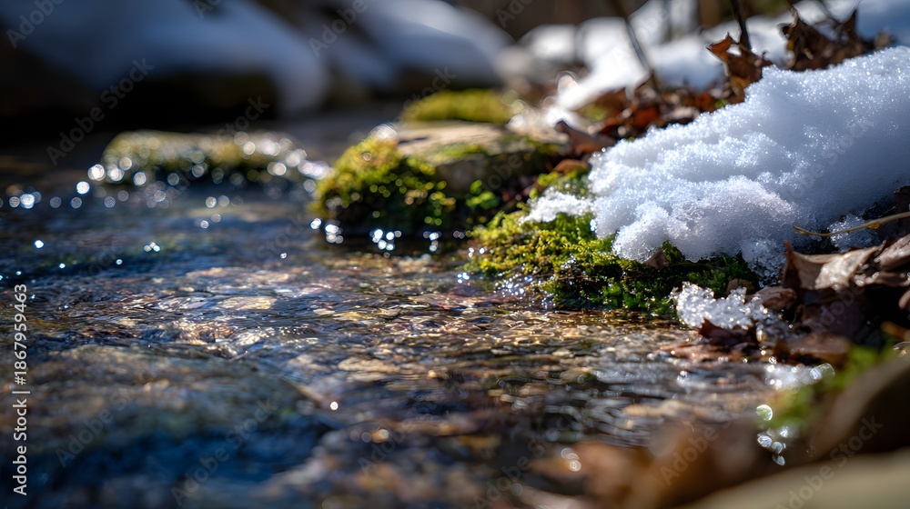 Fototapeta premium Close-Up of Crystal Clear River Water with Ice and Sunlight