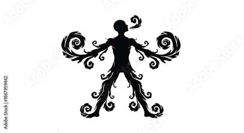 Mystical silhouette of a person exhaling smoke with ornate, swirling patterns emerging from their body.