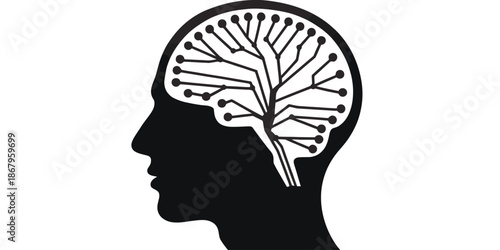 Stunning black silhouette of human head with circuit board brain