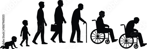 Human aging process silhouette from crawling baby to elderly wheelchair, black and white illustration representing life journey, growth, decline, and mortality
