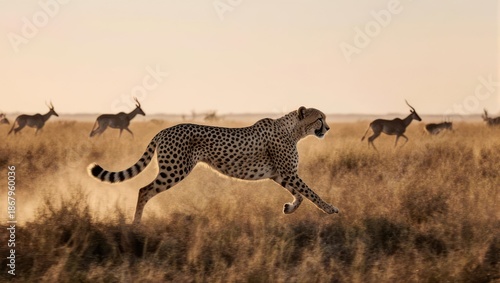 Cheetah in full sprint chasing antelope across African savanna at sunset.
