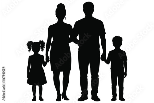 Black Silhouette of a Family of Four Holding Hands on White Background parents children
