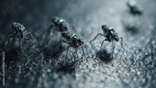 Close up macro shot of ants marching in a line on a textured surface.
