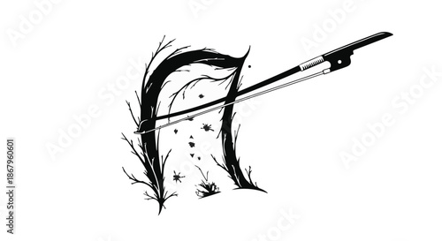 Abstract artistic illustration of a musical note formed by dark branches and a violin bow.