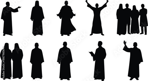Religious people silhouettes collection in robes with praying, preaching, worship, and blessing poses, black and white illustration set for faith concepts