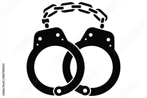 Black silhouette of linked handcuffs on a white background chain metal