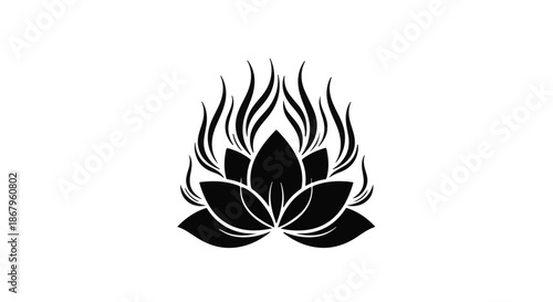 Serene black lotus flower with stylized flames, symbolizing spiritual enlightenment and inner peace.