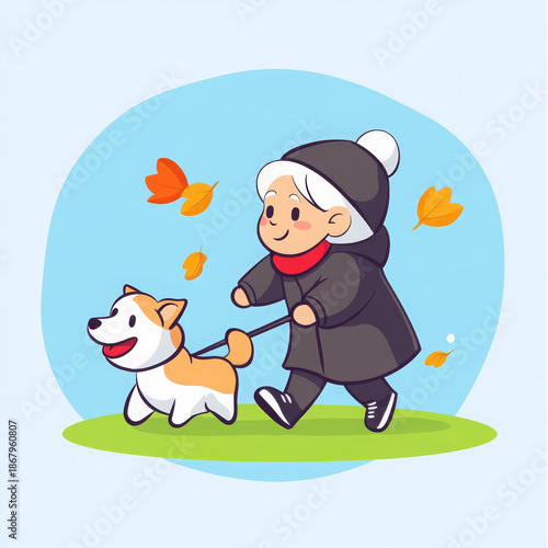 Elderly woman walking dog autumn leaves cheerful outdoor cartoon illustration