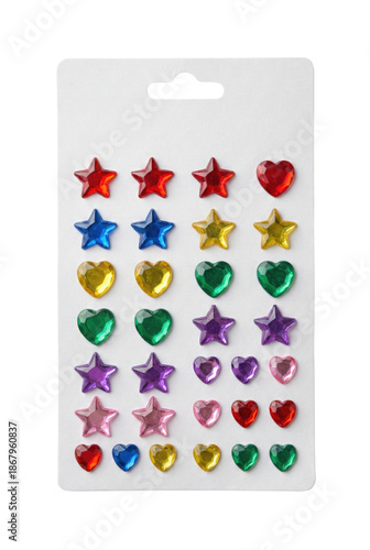 Sheet of stick-on jewel earrings isolated. Kids adhesive gem accessories.