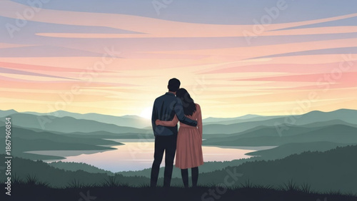 Couple embracing and watching a serene sunset over a tranquil lake and rolling hills romantic landscape illustration for travel and lifestyle concepts