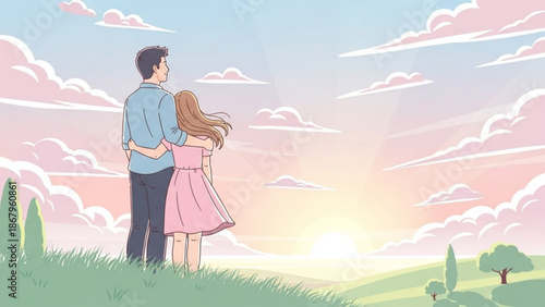 Couple embracing and watching the sunrise over rolling hills a symbol of hope and new beginnings perfect for romantic or inspirational themes
