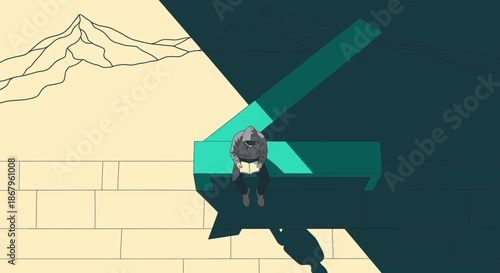 A solitary figure sits on a minimalist bench, contemplating a vast, stylized landscape split between light and shadow, evoking introspection.