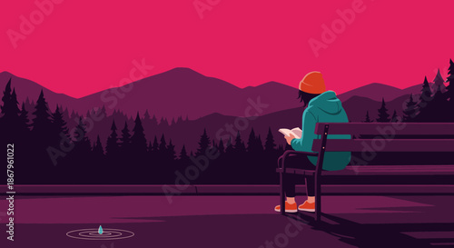 A solitary figure in a vibrant pink-hued mountain landscape finds peace while reading on a park bench, embracing the tranquility of nature.