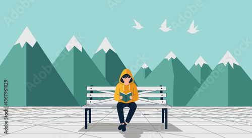 A young woman wearing a vibrant yellow hoodie enjoys a peaceful moment reading a book on a park bench amidst a serene mountain landscape.