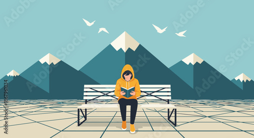 A tranquil illustration depicts a person in a yellow hoodie absorbed in reading a book on a bench, surrounded by majestic mountains and birds.