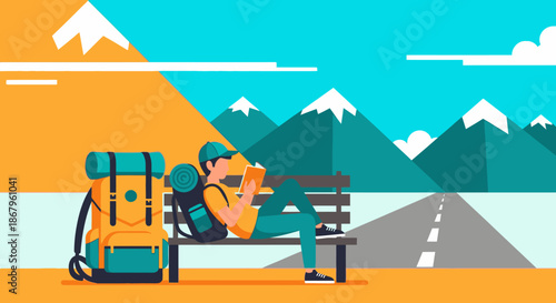 A solo traveler with a backpack sits on a bench, engrossed in a tablet, with majestic snow-capped mountains and an open road stretching into the distance.