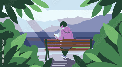 A person enjoys a peaceful moment reading a book on a park bench, surrounded by lush green foliage with a serene mountain and lake view.
