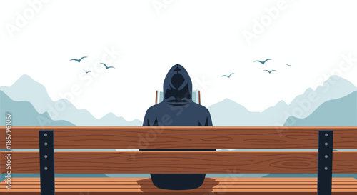 An anonymous individual in a dark hoodie contemplates a peaceful natural vista, featuring distant mountains and birds, while seated on a rustic bench.