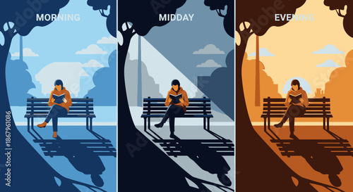 A serene illustration captures a woman engrossed in reading on a park bench, depicting the tranquil passage from morning light to the warm hues of evening.