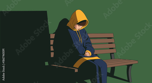 A solitary figure, cloaked in a blue and yellow hoodie, sits alone on a wooden park bench, head bowed in quiet contemplation or sadness.