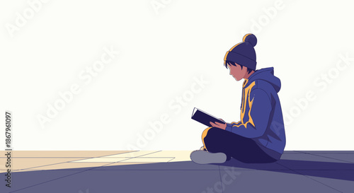 A young, contemplative individual sits peacefully on the ground, engrossed in reading a book, bathed in the warm, soft glow of morning light, casting a long shadow.