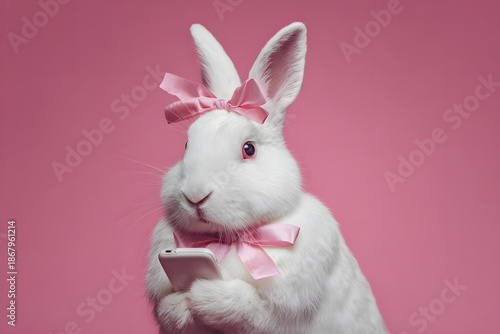 a white rabbit with a pink bow holding a cell phone