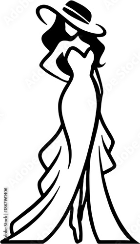 vector illustration of a woman make a dress with hat  black and white background design