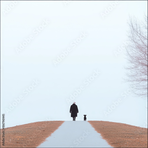 Elderly woman walking dog on quiet path, minimal landscape, peaceful winter mood