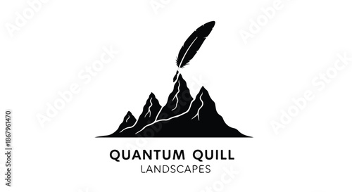 Majestic mountain peaks crowned by a quill pen, symbolizing creative inspiration and nature's artistry.