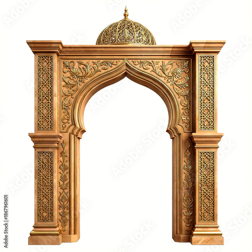 Ornate wooden archway with intricate carvings, gold accents, and a decorative dome on a isolated on a transparent background