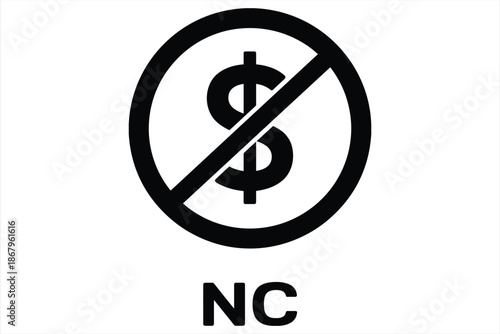 Black symbol of a dollar sign with a diagonal line through it and NC text no money no cost