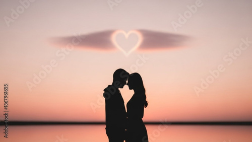 Silhouette of a loving couple embracing under a heart-shaped cloud at sunset symbolizing romance and togetherness for Valentines Day or wedding concepts