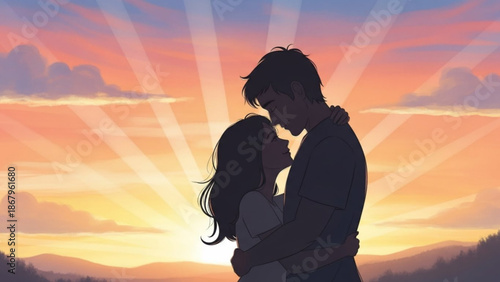 Couple embracing at sunset silhouette of lovers against a vibrant sky romantic moment for Valentines Day or wedding concept