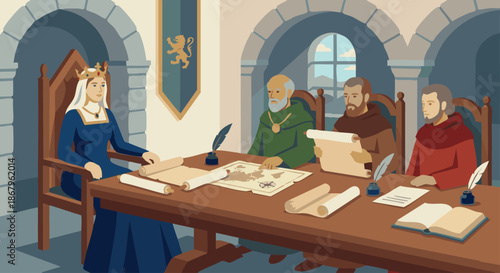 Queen with Royal Advisors
A flat vector illustration of a queen seated at a table with advisors discussing kingdom matters. Maps and scrolls are visible. 