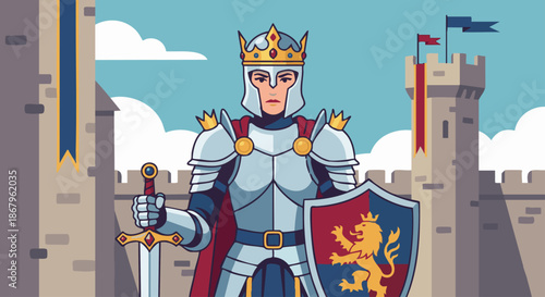 Queen in Medieval Armor
A flat vector illustration of a warrior queen wearing light armor with royal details, holding a sword or shield. Castle walls behind her. 