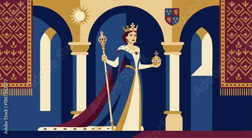 Queen Holding Royal Scepter
A flat vector illustration of a queen standing confidently while holding a royal scepter or orb. Elegant palace background.