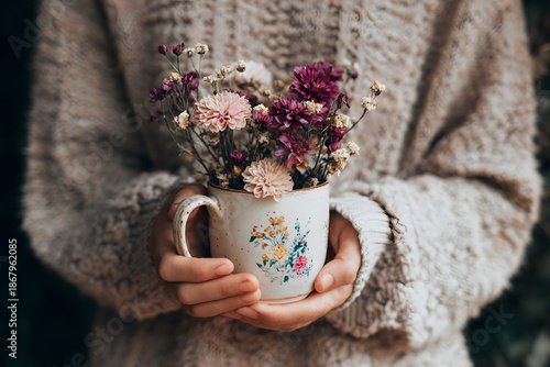 a woman holding a cup with flowers in it