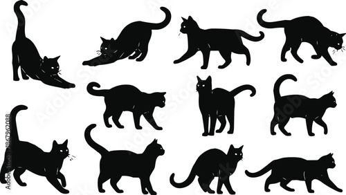 Cat silhouette collection in playful, walking, stretching poses, black and white minimalist illustration set for pets, animals, design, and decoration