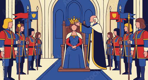 Queen Coronation Ceremony
A flat vector illustration of a queen being crowned during a coronation ceremony. Nobles or attendants stand nearby. Flat vector style, ceremonial and dignified. 