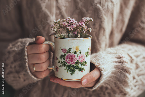 a person holding a cup with flowers in it
