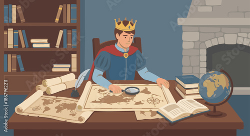 Prince Studying Maps and Scrolls
A flat vector illustration of a prince studying maps, scrolls, or books at a table, preparing for leadership. Flat vector style, thoughtful and educational tone.
