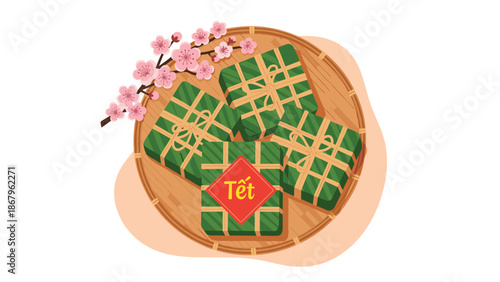 A top-down view of traditional Vietnamese chung cakes wrapped in banana leaves for the Tet holiday, arranged on a tray with peach blossoms.