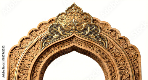Ornate wooden archway with intricate floral carvings and gold accents on a white background isolated on a transparent background