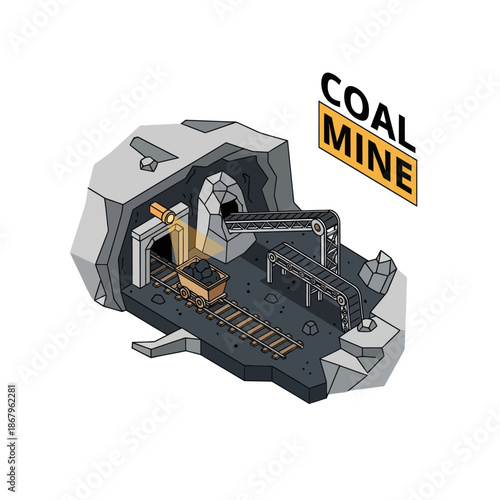 Coal Mine Illustration with Machinery Inside.
