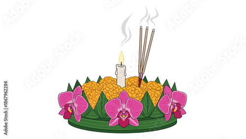 A beautifully decorated krathong made from banana leaves, marigolds, and orchids with a lit candle and incense for the Thai Loi Krathong festival.