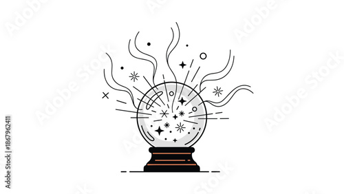 A minimalist line art illustration of a magical crystal ball on a stand, predicting the future with sparkles, stars, and swirls of energy.