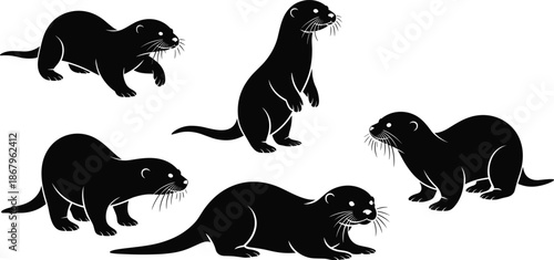 Otter silhouette collection in playful standing and walking poses, black and white minimalist wildlife illustration set for animals, nature, and design