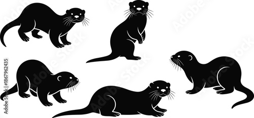 Otter silhouette collection in various playful and standing poses, black and white minimalist wildlife illustration set for nature, animals, and design